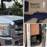 Aseguran armas cartuchos y vehículo con blindaje artesanal en Vícam; la unidad es tipo pick up de carga, de la marca Ford, Super Duty, F350, color blanco.