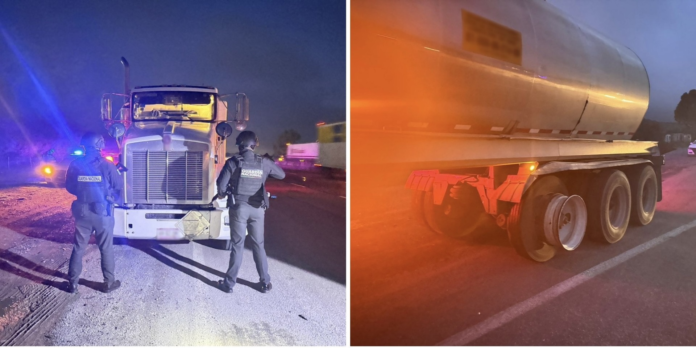 Aseguran pipa cargada con 35 mil litros de 'huachicol'; el chofer de la unidad quedó detenido a disposición de la FGR.