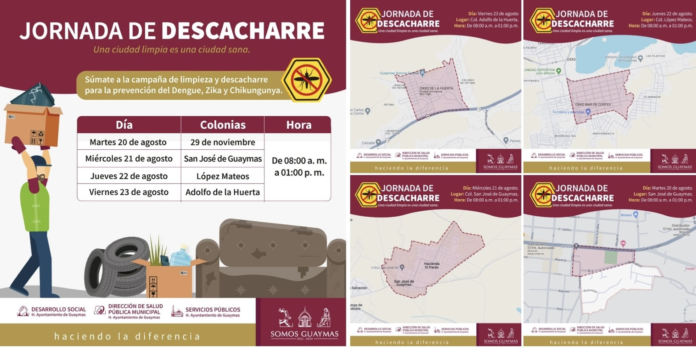 Prepara el Ayuntamiento de Guaymas a jornada de descacharre del 20 al 23 de agosto; buscan la prevención del dengue, zika y chikungunya y mantener limpia la ciudad.