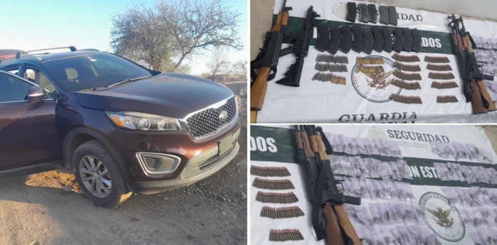 #HERMOSILLO Tras detonaciones detienen a un sujeto, con armamento; autoridades aseguraron 3 camionetas, 4 fusiles de asalto, cartuchos y cargadores; otros tipos huyeron.