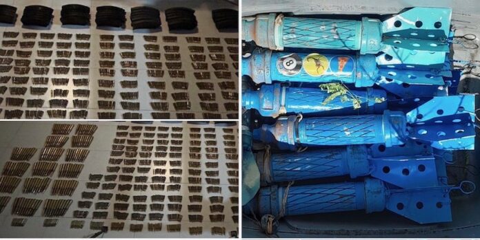 #SONOYTA En Sonoyta también aseguran armamento; dos armas de fuego tipo fusil, 550 cargadores, dos mil 134 cartuchos de diversos calibres de uso militar y 12 artefactos explosivos.