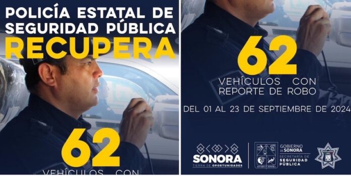 Recuperan 62 vehículos con reporte de robo en lo que va de septiembre; operativos de la PESP en municipios de Sonora.