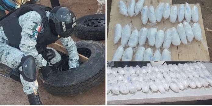 Hallan paquetes de metanfetaminas ocultos en llantas de refacció; decomiso en el que se detuvo al chofer de camioneta y a su acompañante.