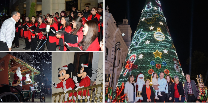 Encienden árbol de Navidad en Hermosillo; evento encabezado por el alcalde Antonio Astiazarán, en la Plaza Zaragoza.