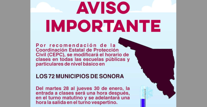 Modificarán horario de clases en toda la entidad; por la llegada del nuevo frente frío, del martes 28 al jueves 30 de enero.