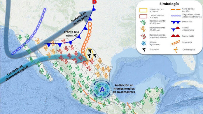 Para hoy, el frente frío núm. 40 se extenderá sobre la frontera noroeste y norte de México; ocasionando vientos muy fuertes a intensos, con rachas de entre 60 a 80 km/h.
