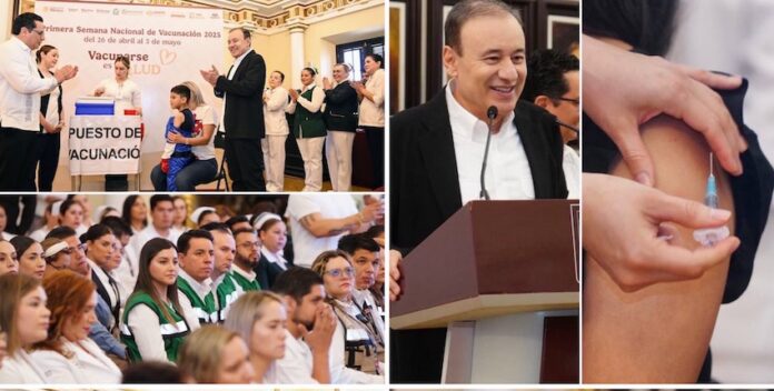 Encabeza Gobernador Durazo inicio de la Primera Semana Nacional de Vacunación 2025 “Vacunarse es Salud”; el mandatario estatal dio el arranque oficial de la jornada de vacunación 2025 en Sonora, que tiene como meta sectorial llevar a cabo 45 mil 575 acciones de inmunización alrededor del estado.