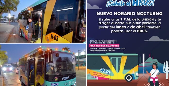 CAnuncia HBus nuevo horario nocturno para estudiantes de la UNISON; en atención a estudiantes de la Universidad de Sonora el HBus iniciará este lunes 7 de abril el nuevo horario nocturno para el norte, sur y sur poniente de la ciudad.