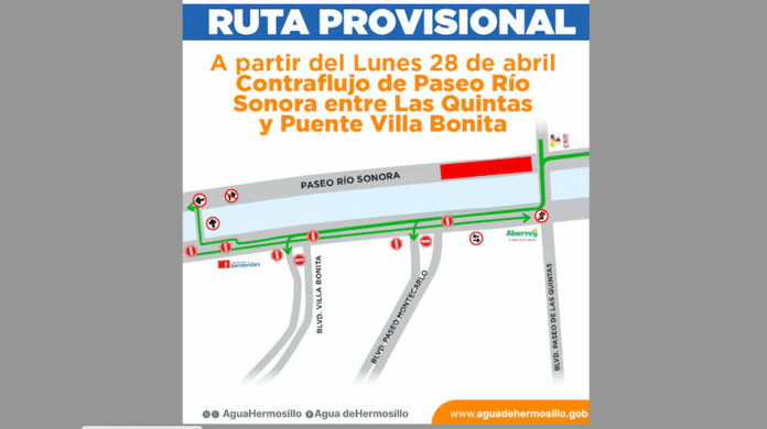 Este lunes 28 se habilitarán dos sentidos en el cuerpo sur de Paseo del Río Sonora; para acceder a las colonias Montecarlo y Villa Bonita, se implementará esta acción mientras se realicen los trabajos de reparación de un colector en el cuerpo norte de la vialidad, en cual permanecerá cerrado.