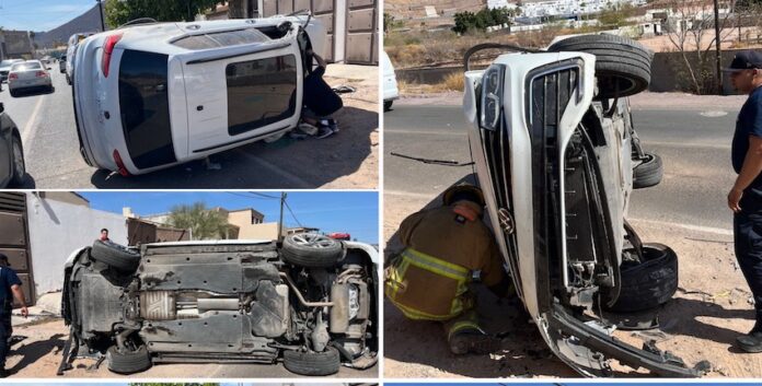 #GUAYMAS Aparatoso volcamiento en ‘Las Tinajas’; la unidad, primero se impactó contra una roca.