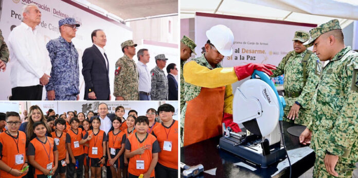 Gobernador Durazo suma esfuerzos con Gobierno de México para fortalecer tranquilidad social con programa “Sí al Desarme, Sí a la Paz”, con el objetivo de inhibir la violencia mediante el canje voluntario de armas y promover una cultura de paz; jornadas en las que participa personal del Ejército Mexicano.