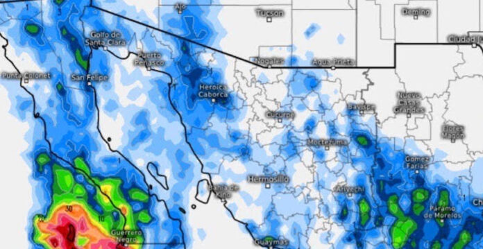 #SONORA Alta probabilidad de lluvia sobre todo el estado de Sonora, hoy; viento moderado con rachas de 40 a 70 km/h; posible formación de trombas marinas la madrugada de mañana domingo.