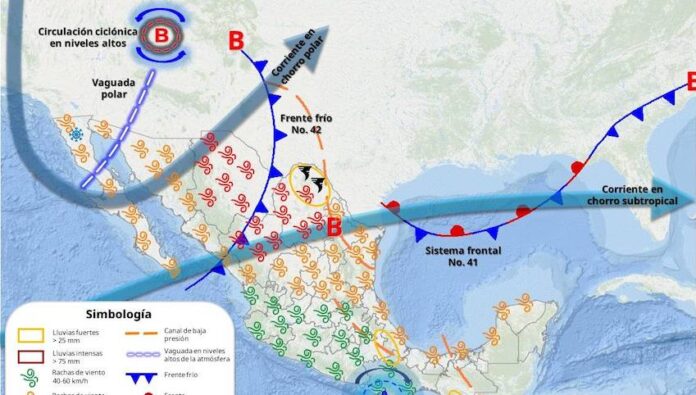 Hoy, el frente frío No. 42 se desplazará sobre el noroeste; mantendrá cielos medio nublados con probabilidad de lluvias dispersas sobre el la región de la Sierra.