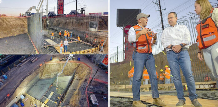 Van muy bien los avances en obra de paso a desnivel: Toño Astiazarán; recorre obra; constata la colocación de concreto de la losa inferior del paso a desnivel; reconoce labor que trabajadores realizan en horario extendido.