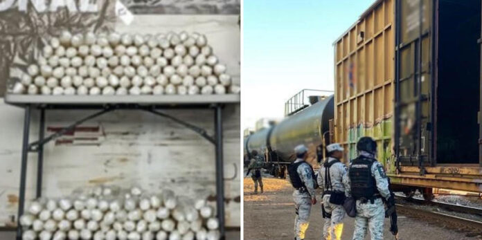 #Mexicali Hallan 144 kilos de cristal en doble fondo de un vagón del Ferrocarril; fueron 307 paquetes los asegurados, con apoyo de binomios caninos.