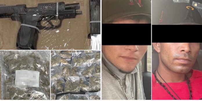 #Cajeme Detienen a tres sujetos con arma y droga en Cajeme; Erick “N”, de 26 años; Luis “N”, de 18; y un menor de edad.