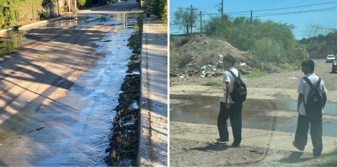 #Guaymas Emergencia sanitaria en la Secundaria Técnica #59, de Fátima; escuela y alrededores en condiciones de riesgo, con aguas de drenaje corriendo alrededor del plantel.