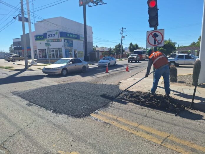 Refuerza Ayuntamiento de Hermosillo cuadrillas para trabajos de bacheo en la ciudad; se atienden reportes de diversos sectores donde personal de la Dirección General de Desarrollo de Infraestructura aplica carpeta caliente.