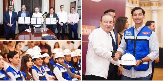 Gobernador Durazo y empresariado coordinan esfuerzos para profesionalizar a jóvenes en la industria con entrega de becas; durante el evento de entrega de los estímulos económicos, también se firmó un convenio de colaboración entre el Gobierno de Sonora, la CMIC y SICT-
