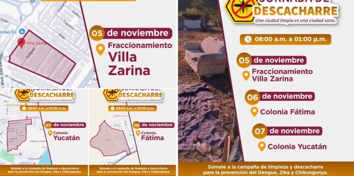 Invita Ayuntamiento de Guaymas a Jornada de Descacharre para este 5, 6 y 7 de noviembre; en prevención de enfermedades como dengue, zika y chikungunya, y mantener espacios más limpios.