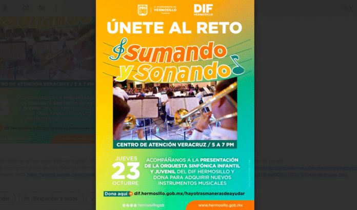 Invitan Tesorería Municipal y DIF Hermosillo unirse al reto para apoyar a la Orquesta Sinfónica Infantil y Juvenil; la orquesta se presentará este 23 de octubre en el centro de atención de Tesorería de Veracruz, a partir de las 17:00 horas.