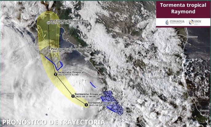 ‘Raymond’ se desplazará frente a costas de Jalisco y Colima; con acumulados de lluvia hasta 150 mm, fuertes vientos, trombas marinas y elevado oleaje.