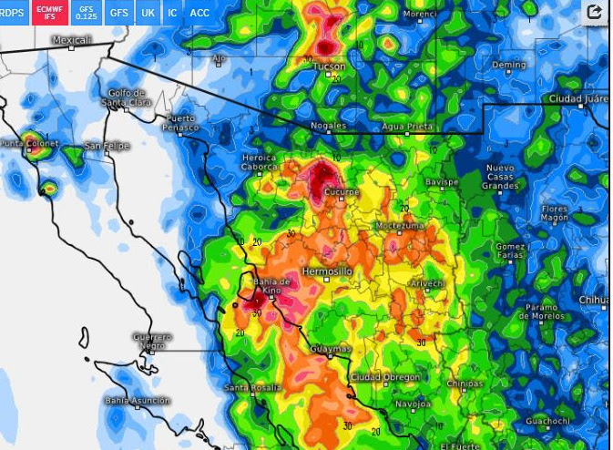 #Hermosillo Alertan por posibles lluvias intensas este fin de semana; se esperan precipitaciones por los desprendimientos nubosos de ciclones tropicales en el Pacífico.