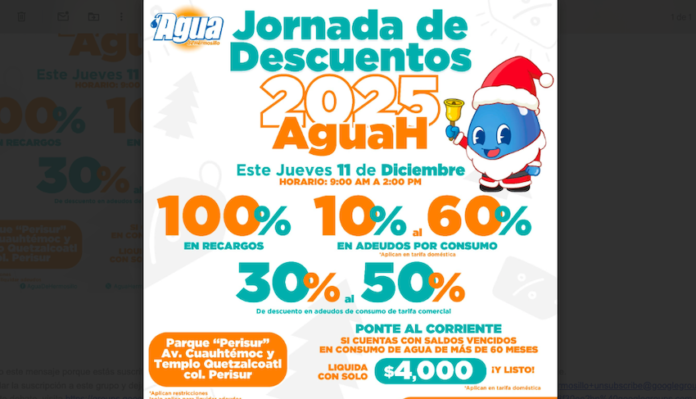 Invita Agua de Hermosillo a Jornada de Descuentos en colonia Perisur; el jueves 11 de diciembre en parque “Perisur”.