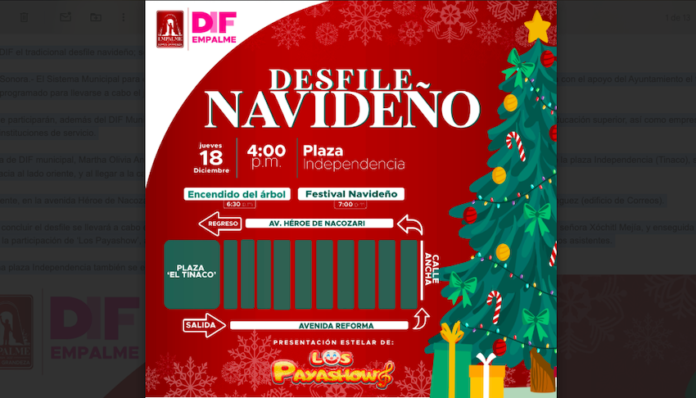 #Empalme Organiza DIF el tradicional desfile navideño; será el 18 de diciembre; participarán autoridades, diversas instituciones educativas, desde nivel preescolar hasta educación superior, así como empresas, organismos sociales e instituciones de servicio.