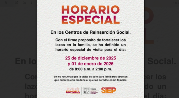 Informa Sistema Estatal Penitenciario horario especial de visita familiar para Navidad y Año Nuevo; dicha medida es extensiva a los 13 Centros de Reinserción Social en la entidad.