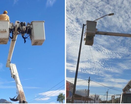 Trabaja el Ayuntamiento de Guaymas en reparación e instalación de luminarias