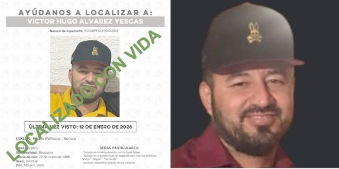 #PuertoPeñasco Localizado sano y a salvo; andaba de parranda con dos mujeres y un amigo; Víctor Hugo había sido reportado como desaparecido por sus familiares en Puerto Peñasco; ya está con su familia.
