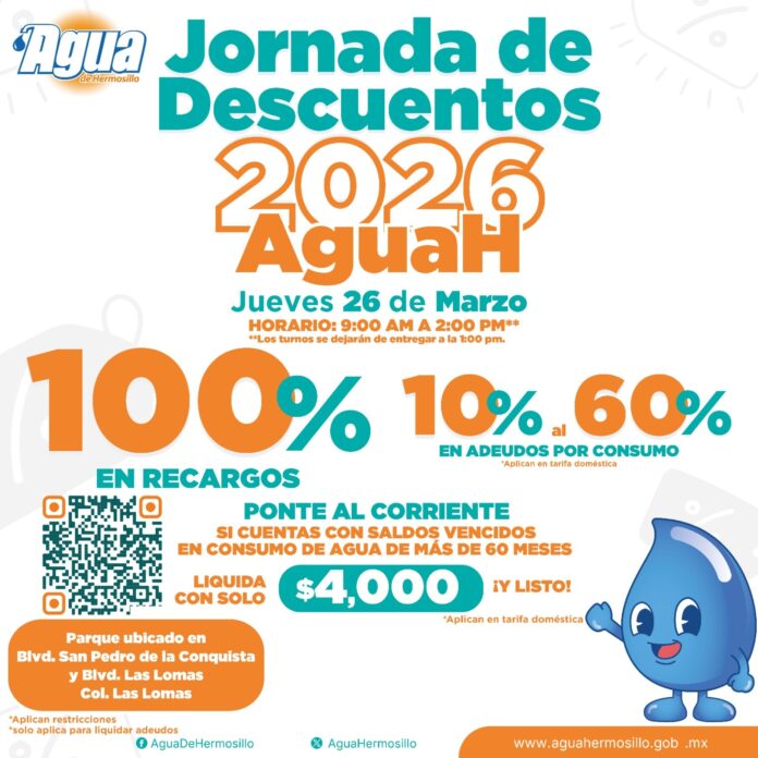 Realizará Agua de Hermosillo Jornada de Descuentos en adeudos este jueves 26 en colonia Las Lomas; desde las 9 de la mañana a las 2 de la tarde personal del organismo operador estará atendiendo a la ciudadanía.