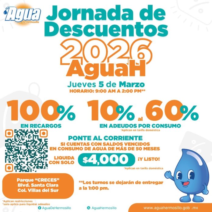 Realizará Agua de Hermosillo Jornada de Descuentos este 5 de marzo en Parque “CRECES” Villas del Mar; desde las 9 de la mañana a las 2 de la tarde personal del organismo operador estará atendiendo a la ciudadanía.