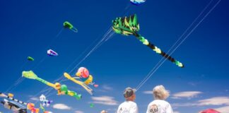 Viste Sky Fest de colores el cielo de Bahía de Kino con papalotes gigantes