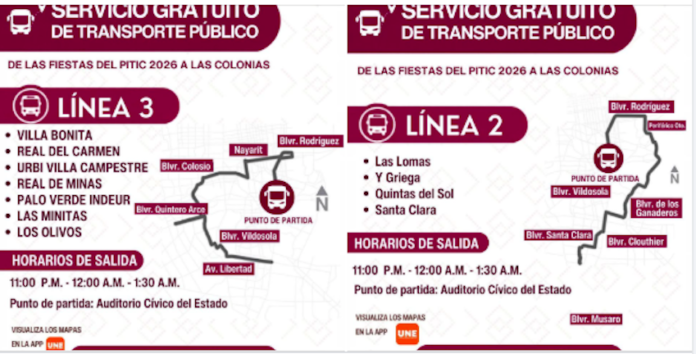 Facilita Gobierno de Sonora transporte gratuito nocturno en Hermosillo del 21 al 24 de mayo; el gobernador Alfonso Durazo instruyó brindar una opción de movilidad segura y accesible para las familias asistentes a las Fiestas del Pitic 2026.