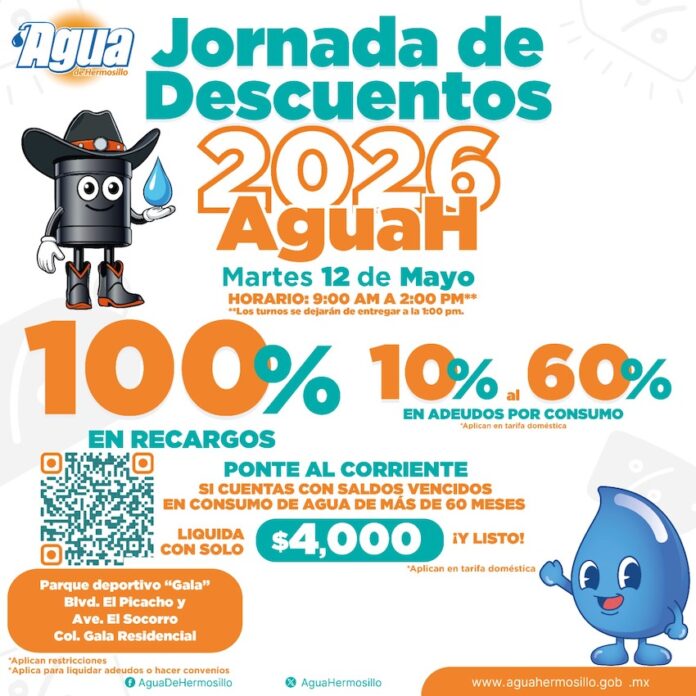 Acercará Agua de Hermosillo jornada de descuentos en Gala Residencial este martes 12 de mayo; el módulo de atención se instalará en el Parque Deportivo “Gala”, de 9:00 de la mañana a 2:00 de la tarde.