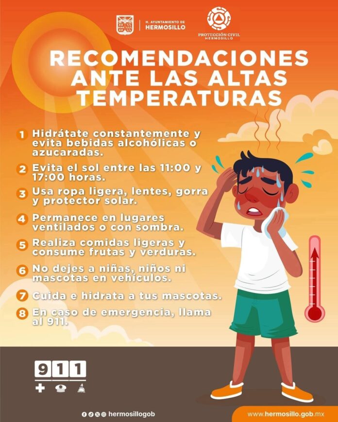 Exhorta Ayuntamiento de Hermosillo a seguir recomendaciones ante aumento en temperaturas este fin de semana; autoridades llaman a mantenerse hidratados, usar protector solar, ropa ligera de colores claros y evitar bebidas alcohólicas.