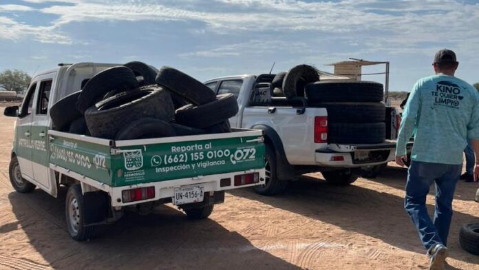 Acopia Gobierno de Hermosillo 639 llantas en Llantatón por tu Salud en La Campiña; dependencias del Gobierno Municipal y ciudadanía colaboran en este esfuerzo a favor del medio ambiente.