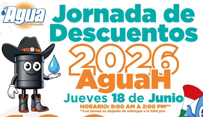 Tendrán en Los Olivos jornada de descuentos de Agua de Hermosillo, de 9:00 de la mañana a 2:00 de la tarde en el Centro Hábitat de Los Olivos.