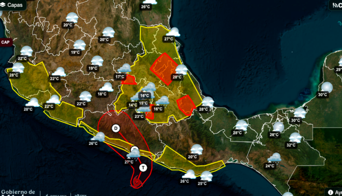 Depresión tropical Dos-E presenta una disminución en intensidad de sus vientos; ocasionará lluvias torrenciales en zonas de Guerrero e intensas en Michoacán y Oaxaca, durante esta noche.