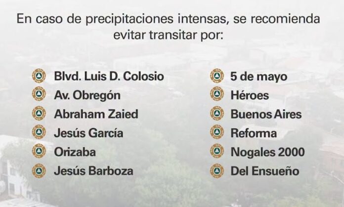 Emiten aviso especial por riesgo elevado de inundaciones; dan a conocer vialidades por las que se debe evitar transitar en caso de presentarse lluvias intensas.