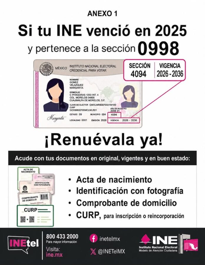Llaman a renovar la INE a vecinos del seccional 0998; a todo ciudadano cuya credencial haya vencido el año 2025.