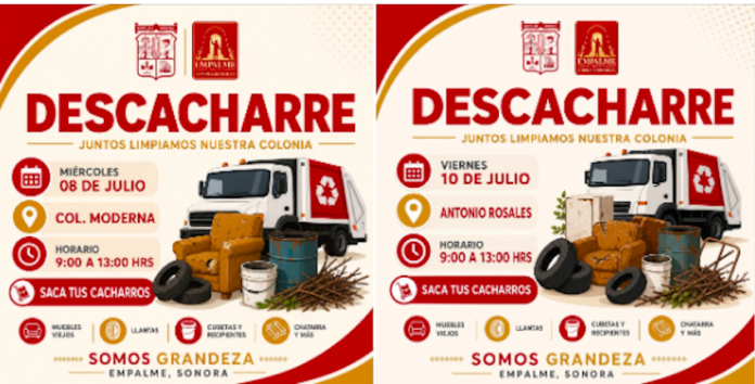 Llevará Gobierno de Empalme jornadas de descacharre a la colonia Moderna y al ejido Antonio Rosales; como parte de las acciones permanentes para prevenir y combatir la proliferación del mosquito transmisor del dengue, zika y chikungunya.