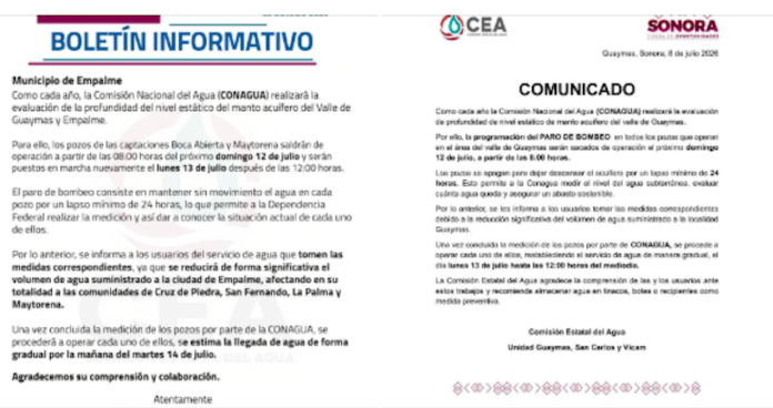 ¡No habrá agua domingo y lunes en Guaymas-Empalme!; por evaluación del nivel estático del manto acuífero sacarán de operación los pozos del valle.