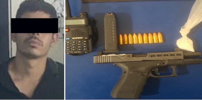 #Cajeme: Joven detenido con arma de fuego, radio de comunicación y droga; se trata de Raúl “N”, de 24 años de edad, de la Real de Sevilla.