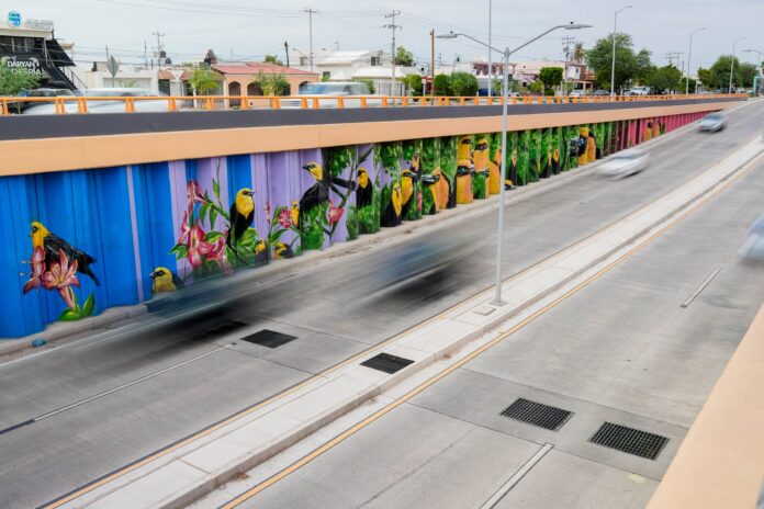 Mural en paso a desnivel de Colosio y Solidaridad es espacio de expresión cultural: Toño Astiazarán; el Colectivo Sangre del Desierto realizó la obra pictórica en los 4 paneles que la conforman.