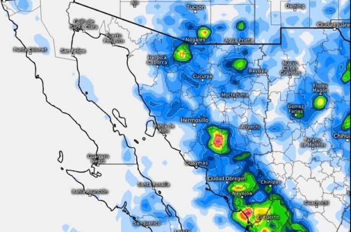 Se prevén tormentas monzónicas durante este jueves; con lluvias de moderadas a fuertes, acompañadas de actividad eléctrica y rachas de viento intensas.