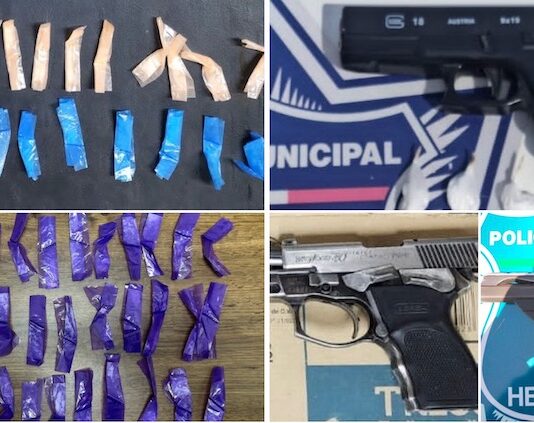 Aseguran tres armas de fuego y 186 dosis de droga