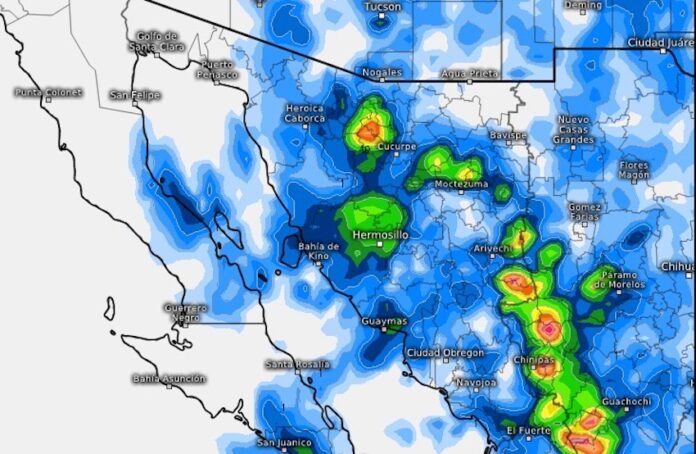 Fuertes tormentas podrían llegar hoy a Tepache, Sahuaripa, Yécora, Rosario, Quiriego y Álamos; con mucha actividad eléctrica y rachas de viento; en El Sásabe y Nogales se esperan lluvias de intensidad moderada.